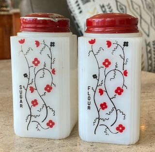 Tipp City Chintz Red Flower Vines Decorated Sugar And Flour Range Shakers