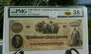 1862 - $100 Dollar Confederate Csa Watermark Script - Note T41 Pmg - Au58 Ex Paper