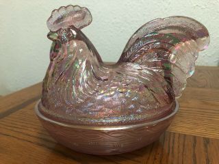 Fenton Pink Carnival Glass Rooster On Nest Covered Dish