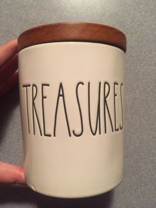 Rae Dunn Ceramic Canister With Treasures And Wood Lid