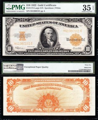 Awesome Crisp Choice Vf,  1922 $10 Gold Certificate Pmg 35 Epq