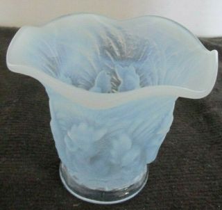Duncan Miller Blue Opalescent Chanticleer Roosters 3 1/4 " D X 2 3/4 " H Vase