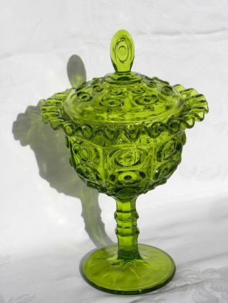 Vint Viking Glass Yesteryear Bullseye Avocado Green Pedestal Covered Candy Dish