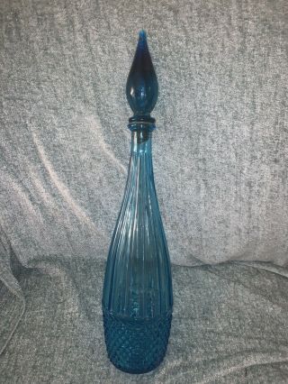 19.  5” Rossini Empoli Italian Art Glass Genie Bottle Decanter Diamond Point Blue