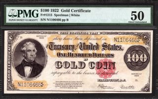 $100 1922 Gold Certificate Fr 1215 Pmg 50 - Bright And About Uncirculated