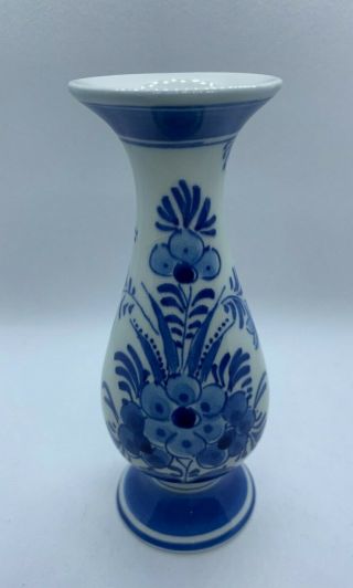 Vintage Delft Bud Vase Blue White Floral Old Mark 4 1/2 " Tin Glazed