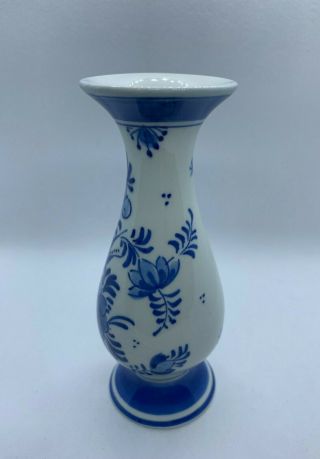 Vintage Delft Bud Vase Blue White Floral Old Mark 4 1/2 