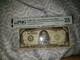 1934 $1000 One Thousand Dollar Bill Frn Pmg 25 Very Fine Pinholes Thumbtack
