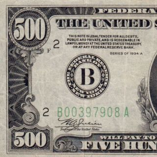 Vintage U.  S.  1934a $500 York Five Hundred Dollar Bill Fr.  2202 1000 0397908a