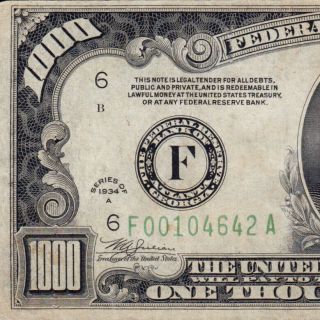 Vintage U.  S.  1934a Atlanta $1000 One Thousand Dollar Bill Fr.  2212 500 F00104642a