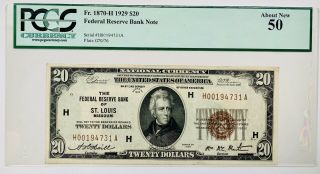 1929 $20 Brown Seal St.  Louis Missouri Bank Note Graded 50 Choice About