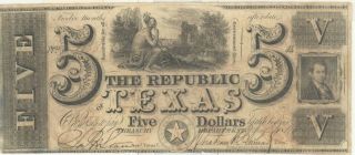 The Republic Of Texas 1840 $5 Obsolete Note - Grade,  Cancelled