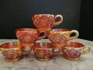 Imperial Glass Ohio Fashion Marigold Carnival Glass 6 Footed Punch Bowl Cups