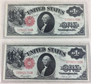 2 Consecutive 1917 Large Size $1 One Dollar U.  S Series Note Red Seal Bill Crisp