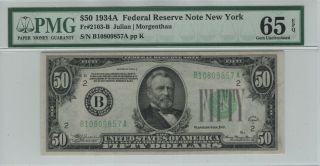 1934 A $50 Federal Reserve Note York Fr.  2103 - B Pmg Gem Uncirculated 65 Epq