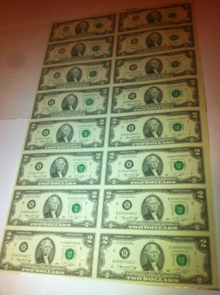 1976 Uncut Sheet Of 16 Crisp Us 2 Dollars Uncirculated Legal $2 Money Gift Bills