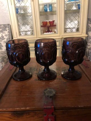 Vintage Le Smith Moon And Stars Amethyst Purple Glass Water Goblets - Set Of 3
