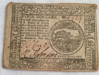 Feb 26,  1777 $4 Dollar Continental Currency Note No Folds One Family Owner