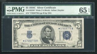 Fr.  1653w Wide 1934 - C $5 Star Silver Certificate Pmg Gem Uncirculated - 65epq