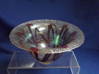 Vintage 1979 Correia Studio Art Glass Pulled Feather Iridescent Stretch 7”bowl
