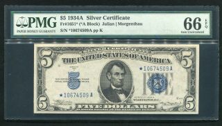 Fr.  1651 1934 - A $5 Five Dollars Star Silver Certificate Pmg Gem Unc - 66epq