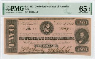 1862 T - 54 $2 The Confederate States Of America Note - Civil War Era Pmg 65 Epq