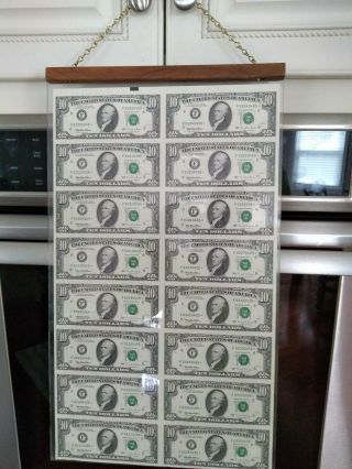 Framed Uncut Full Sheet Of 16 Us $10 Dollar Bills Series 1995 Real Currency.