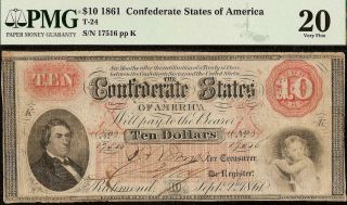 1861 $10 Dollar Bill Confederate States Currency Civil War Note Money T - 24 Pmg