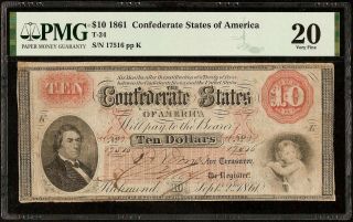 1861 $10 DOLLAR BILL CONFEDERATE STATES CURRENCY CIVIL WAR NOTE MONEY T - 24 PMG 3
