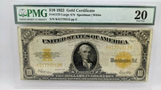 1922 $10 Gold Certificate - Pmg 20 - Fr 1173 - Large Size Note