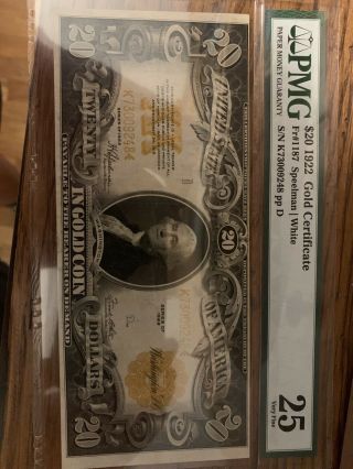 1922 $20 Twenty Dollar Gold Certificate Note Fr 1187 Pmg Grade 25