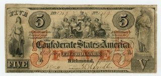 1861 T - 31 $5 The Confederate States Of America Note - Civil War Era