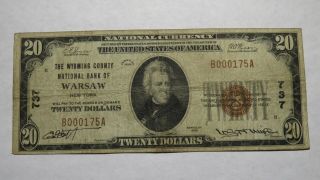 $20 1929 Warsaw York Ny National Currency Bank Note Bill Ch.  737 Fine,