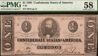 1863 $1 Confederate States Currency Civil War Note T - 62 Redrawn D Plen Pmg 58