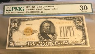 1928 $50 Gold Certificate Pmg 30