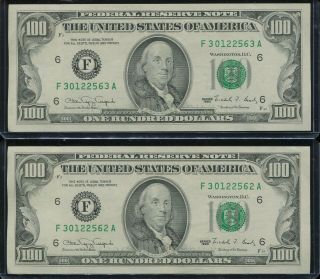 1990 Sequential Consecutive One Hundred Dollar $100 Bills 2