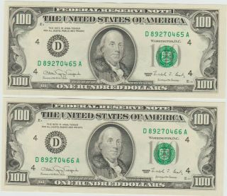 Two $100 One Hundred Dollar Bills 1990 - Consecutive Numbers - Cleveland -