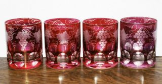 4 Antique Bohemian Ruby Cranberry Red Cut To Clear 3 5/8 " Old Fashioned Glasses