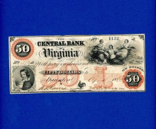1860 $50 The Central Bank Of Virginia Staunton Va.  Rare Signed Note