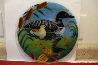 Signed Peggy Karr Fused Art Glass Plate Loon With Baby Chick Bird Decoy 11 1/4 "