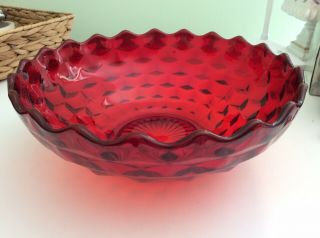 Vintage Fostoria Heavy Ruby Red American 10 1/2” Serving Bowl Cube Cubist Design