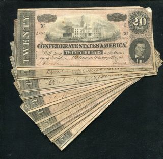 (10) 1864 $20 Twenty Dollars Csa Confederate States Of America Currency Notes G
