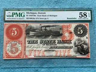 1859 - 60s State Bank Of Michigan,  Detroit $5 Five Dollar Bill Pmg Certified