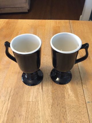 Vintage Hall Pottery Glossy Black Irish Coffee Pedestal Mugs 1272 - Set Of 2