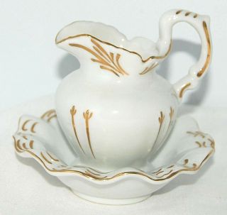 Vintage Small Porcelain Pitcher & Bowl,  White W/gold Accents/trim Made In Japan