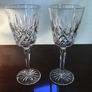 Pair Waterford Lismore Tall Gold Rim Goblet/water Crystal Glass Etched Signature