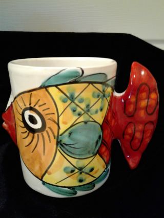 Vietri Kissing Fish Mug Made In Italy Hand Painted Coffee Mug Tail Handle