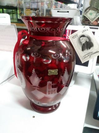 Vintage Bohemian Ruby Red Cut To Clear Glass Egermann Czec Vase
