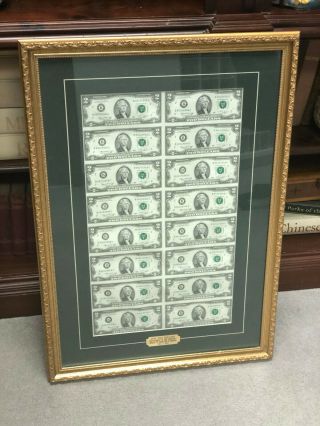 Framed 1976 2 Dollar Bill Sheet Uncut 16 Bills Dept Of Treasury 192/200