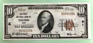 1929 $10.  T1 The First National Bank Of Toledo Ohio Oh Charter 91